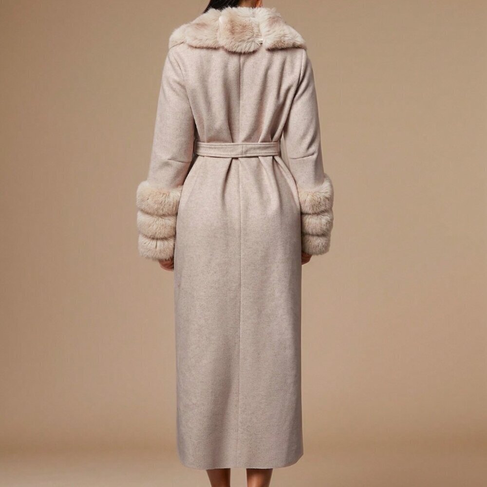 Khaki Elegant Womens Warm faux Fur trimmed belted Jacket  Coat - Picture 2 of 7